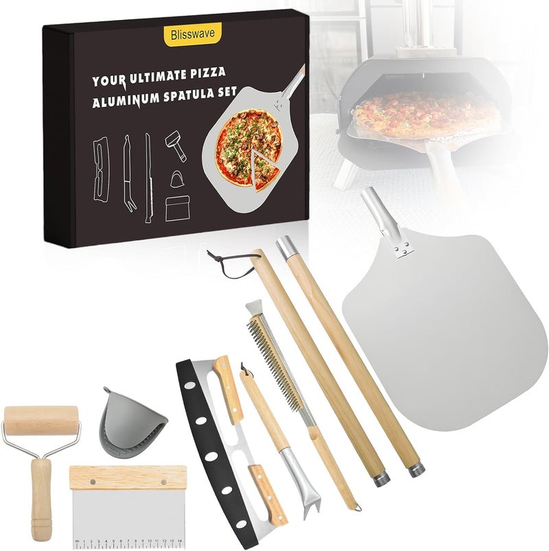 BLISSWAVE The 7-piece pizza oven accessory set is perfect for making pizza. Comprises a pizza shovel, an oven brush, a bubble Popper deformer, a rocking knife, a silica gel clamp, a dough roller and a scraper. - Image 1